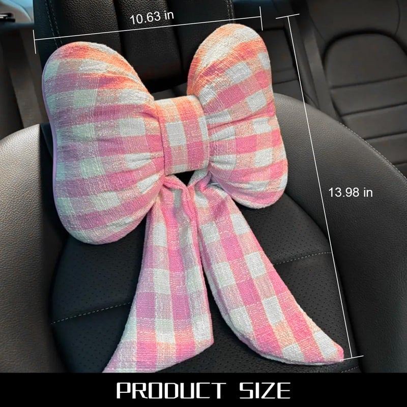 Bittwee Bow Car Headrest Pillow, Breathable Memory Foam Vehicle Neck Pillow with Adjustable Strap, Ergonomic Auto Neck Support Cushion for Pain Pressure Relief, Universal for Most Cars (Pink/Grid) - Image 2